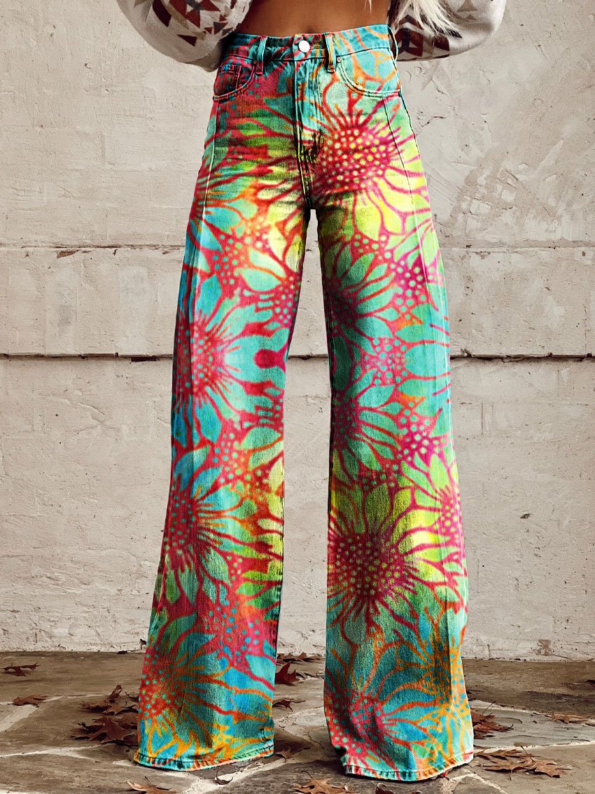 Vintage Print Casual Wide-Leg Pants