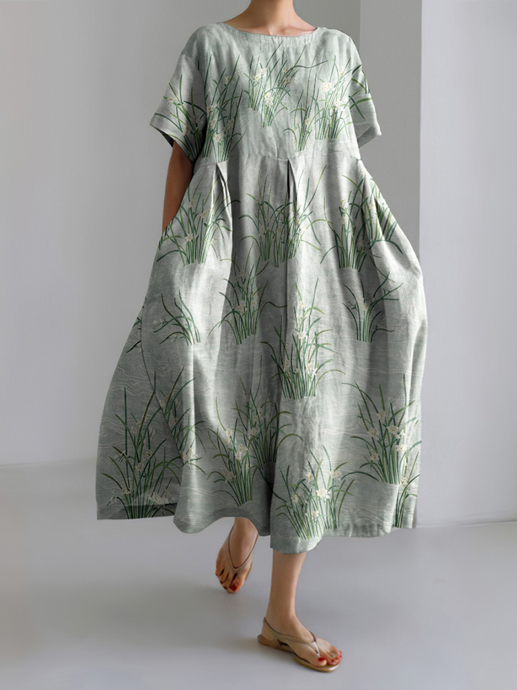 Japanese Flower Art Short Sleeve Midi Dress