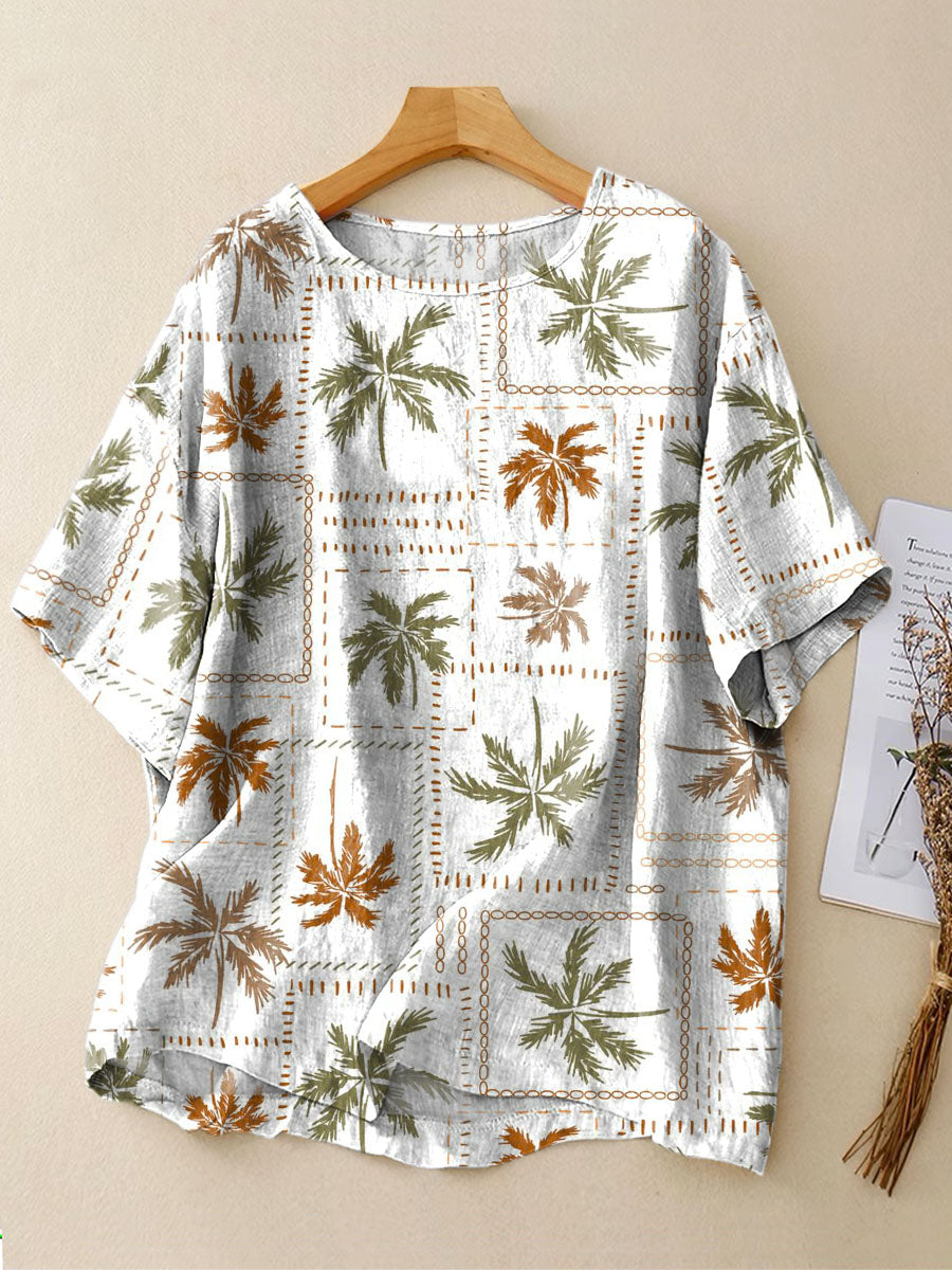 Palm Tree Art Print Casual Linen Crew Neck Shirt