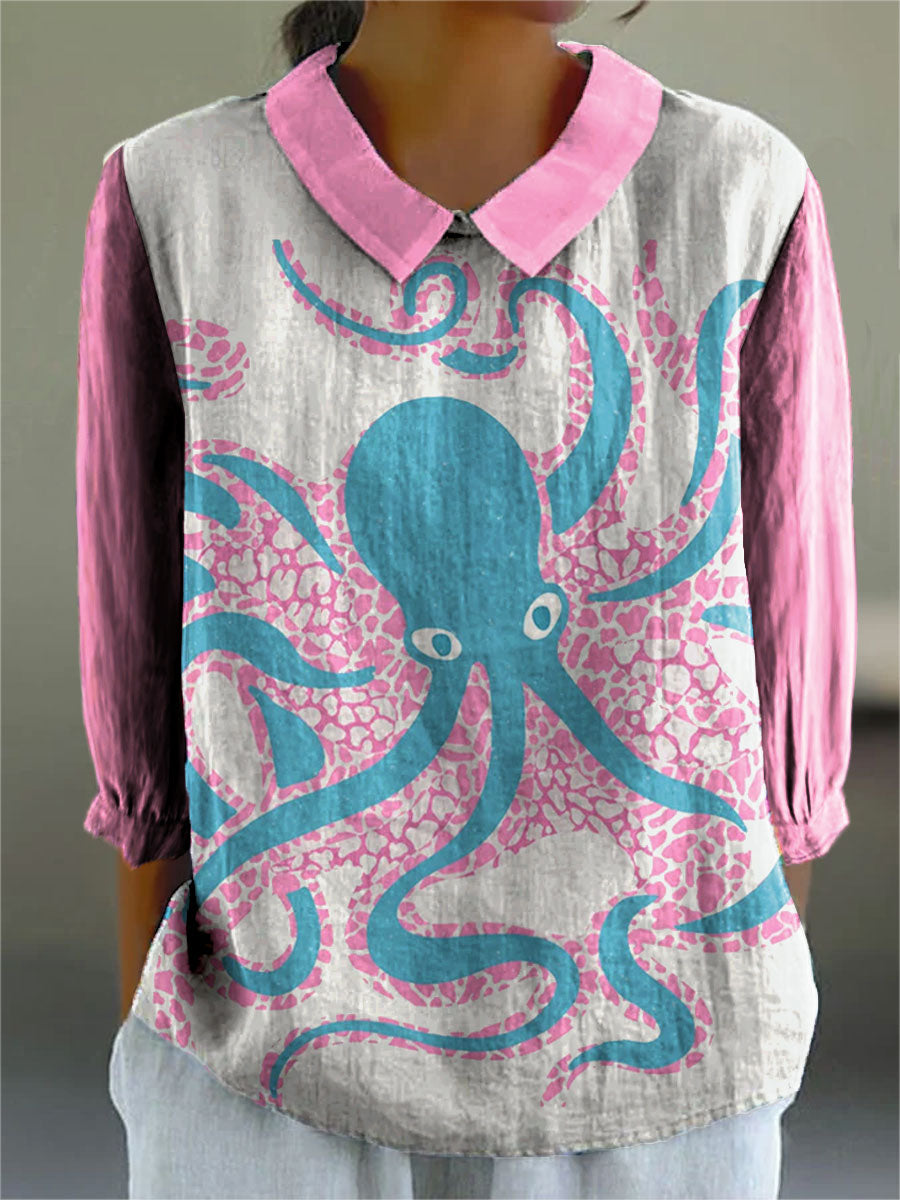 Vintage Octopus Art Print Casual Cotton & Linen 3/4 Sleeve Shirt