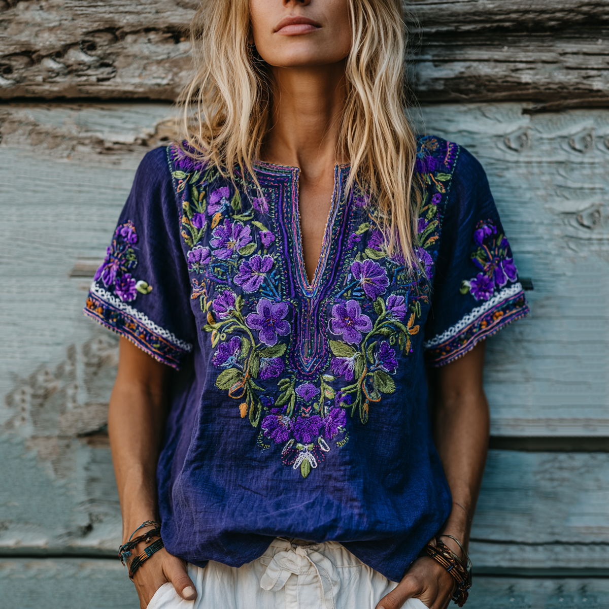 Women's Floral Embroidery Art V-neck Shirt