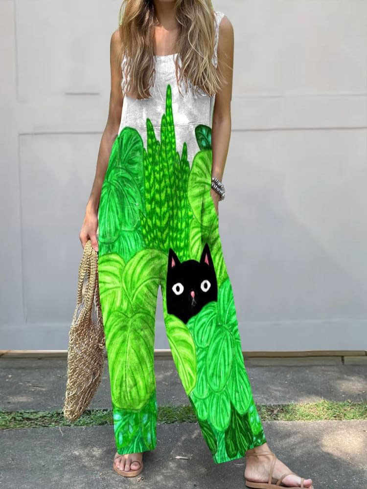 Vintage Cute Cat Art Print Casual Wide-Leg Jumpsuit