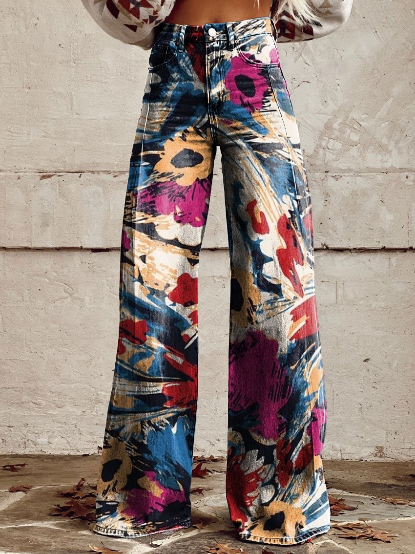 Vintage Print Casual Wide-Leg Pants