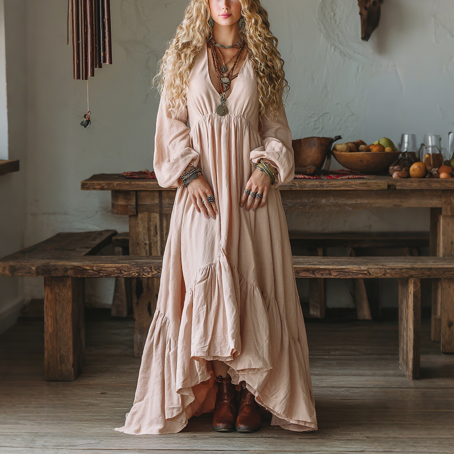 Elegant V-neck High-waisted Long-sleeved Oversized Comfortable And Breathable Dress