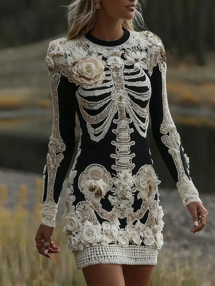Women's Halloween Skeleton Bones With Rose Art Cozy Knit Mini Sweater Dress