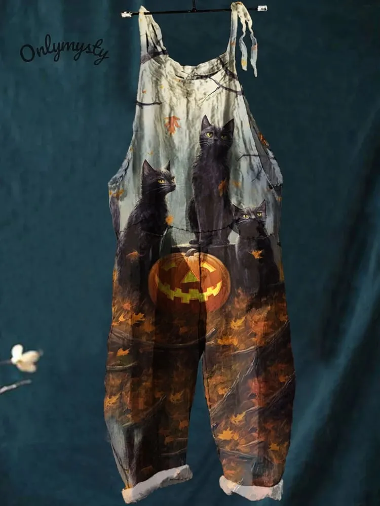 Halloween Cat Art Print Casual Wide-Leg Jumpsuit