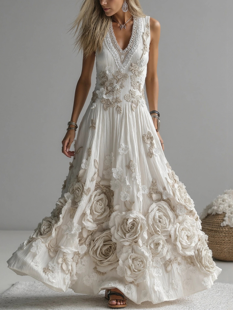 Women's Vintage Rose Art V-neck Sleeveless Maxi Dress