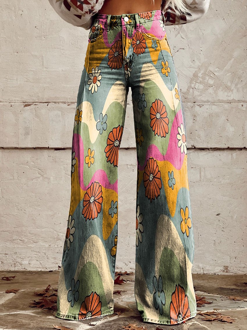 Vintage Floral Daisy Print Casual Wide-Leg Pants