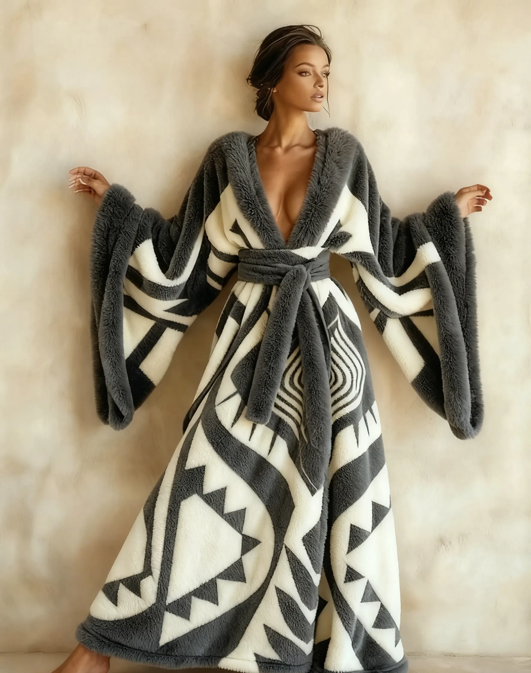Abstract  Art Print Kimono Long Gown Autumn and Winter Robe With Belt