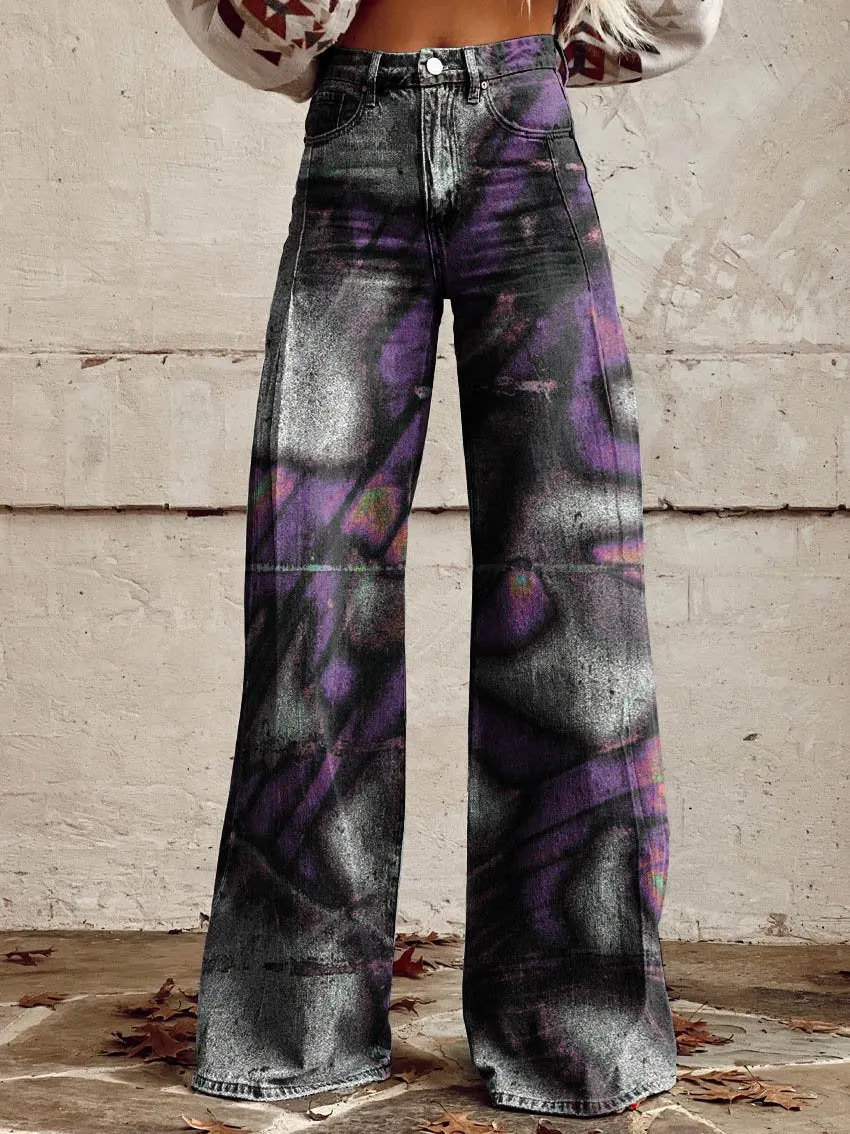 Purple White Noise Print Casual Wide-Leg Pants