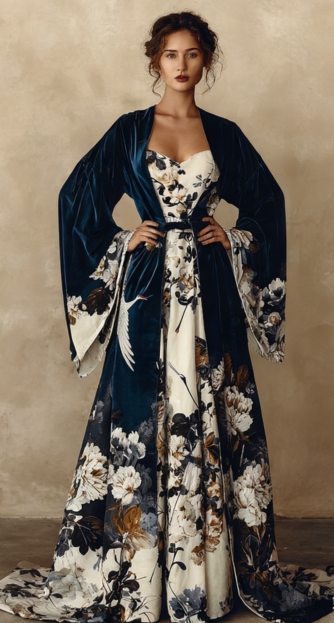 Women's Elegant Vintage Crane Art Print Robe