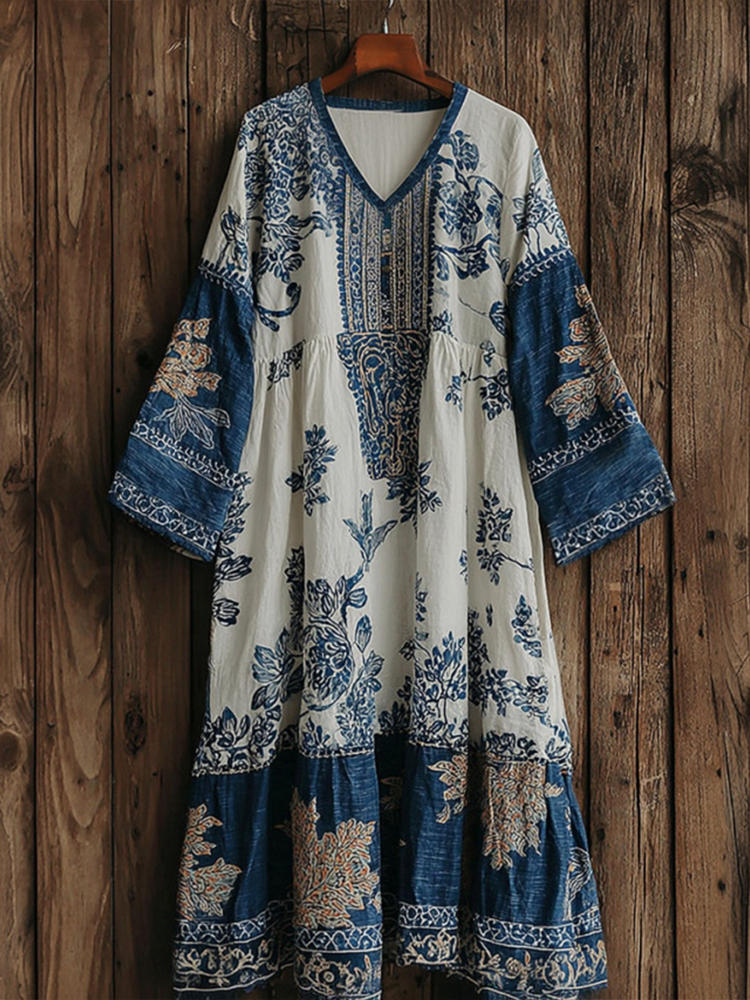 Floral V-neck Long-sleeved Dress
