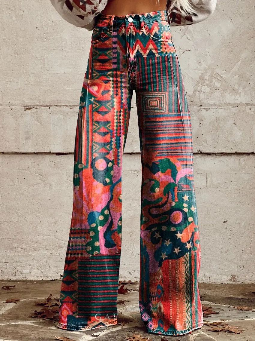 Vintage Print Casual Wide-Leg Pants