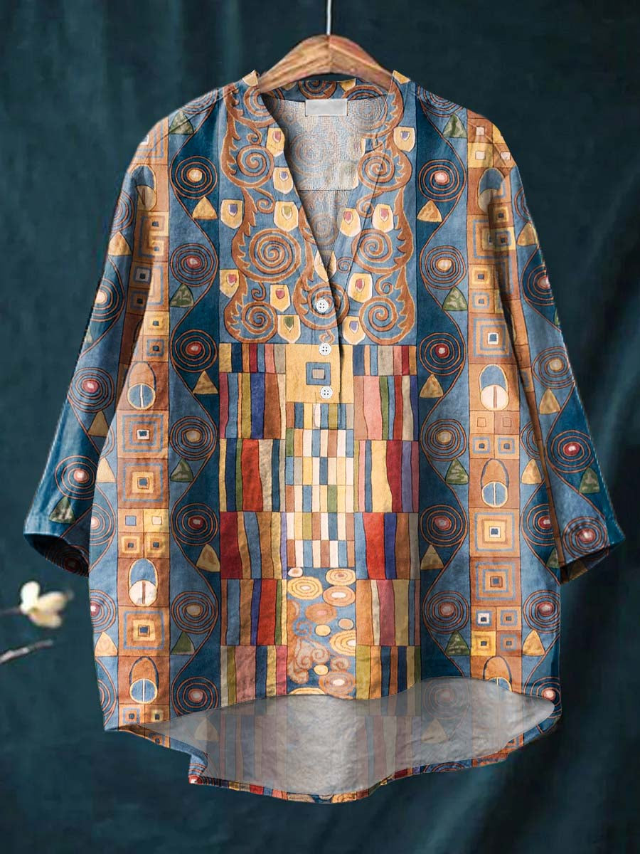 Geometric Pattern Art Print Casual Cotton & Linen Shirt