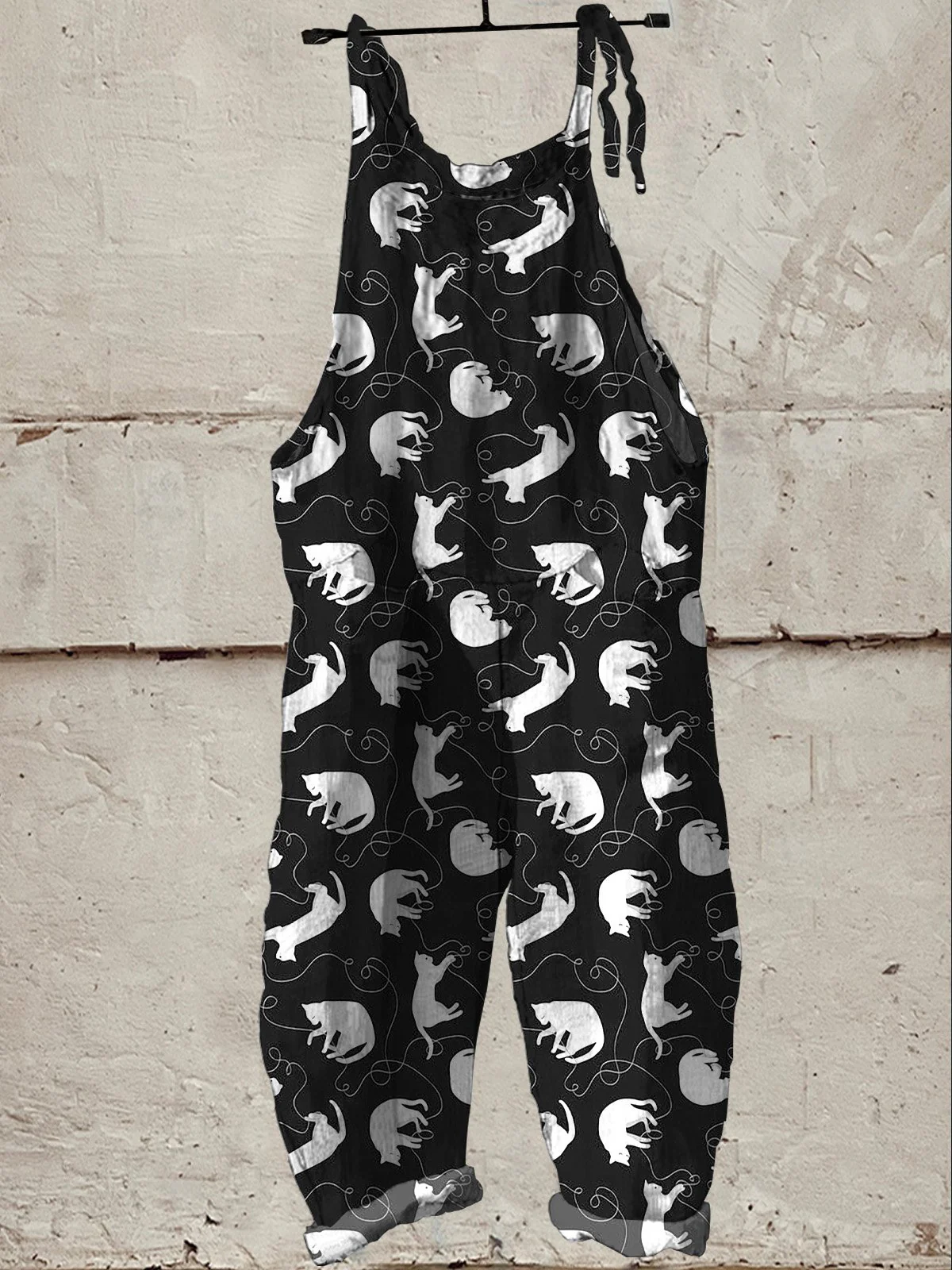 Lovely Cat & Yarn Ball Pattern Printed Women's Casual Wide-Leg Jumpsuit