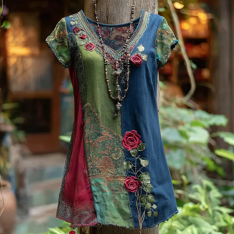 Women's Vintage Rose Floral Print Patchwork Denim T-shirt