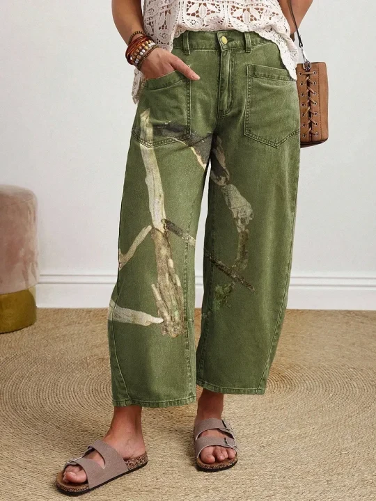 Vintage-style Textured Floral Art Print Casual Cotton Trousers With Pockets