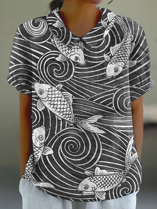 Retro Fish Art Print Lapel Short Sleeve Top