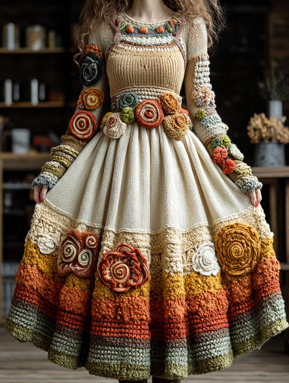 Vintage Floral Crochet Colorblock Cozy Maxi Sweater Dress