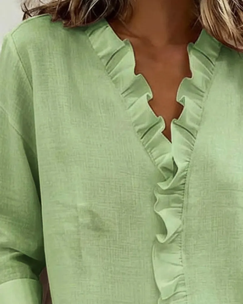 Ruffled Blouse with V-Neck & Long Sleeves