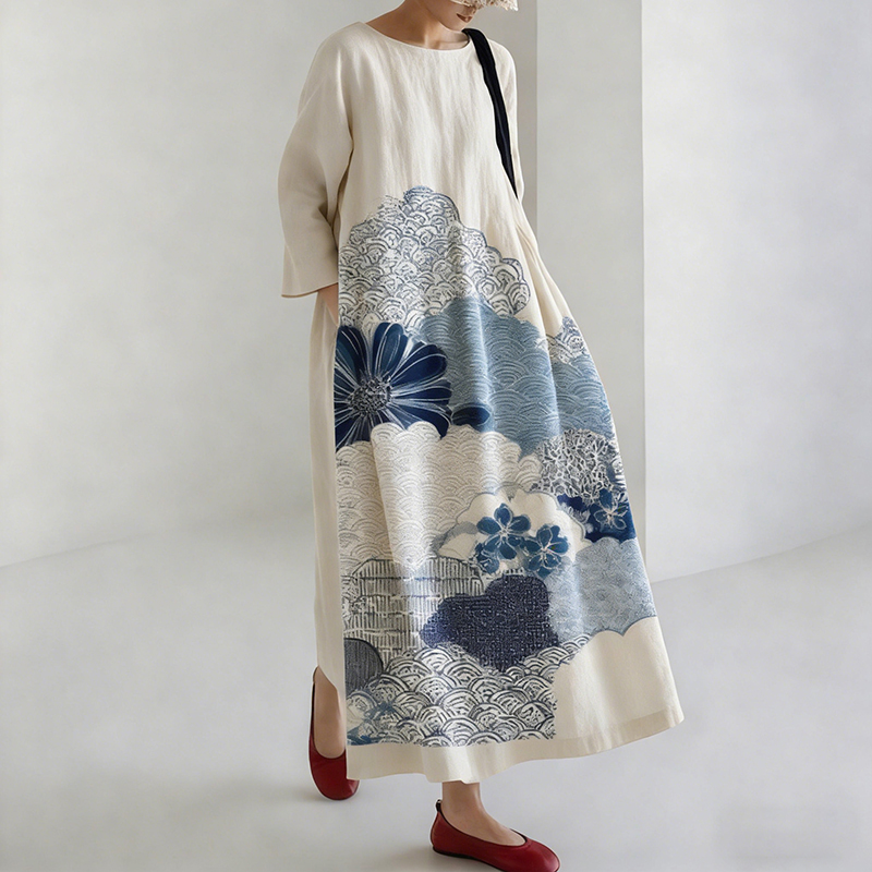Japanese-style Linen Dress With Geometric & Floral Patterns