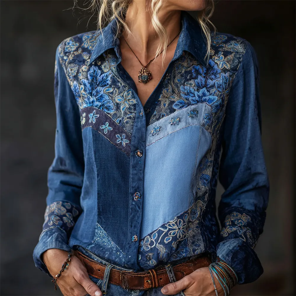 Boho Floral Geometric Thread Embroidery Women's Vintage Linen Shirt