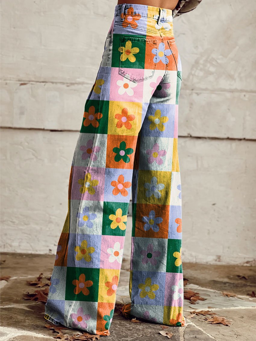 Vintage Print Casual Wide-Leg Pants