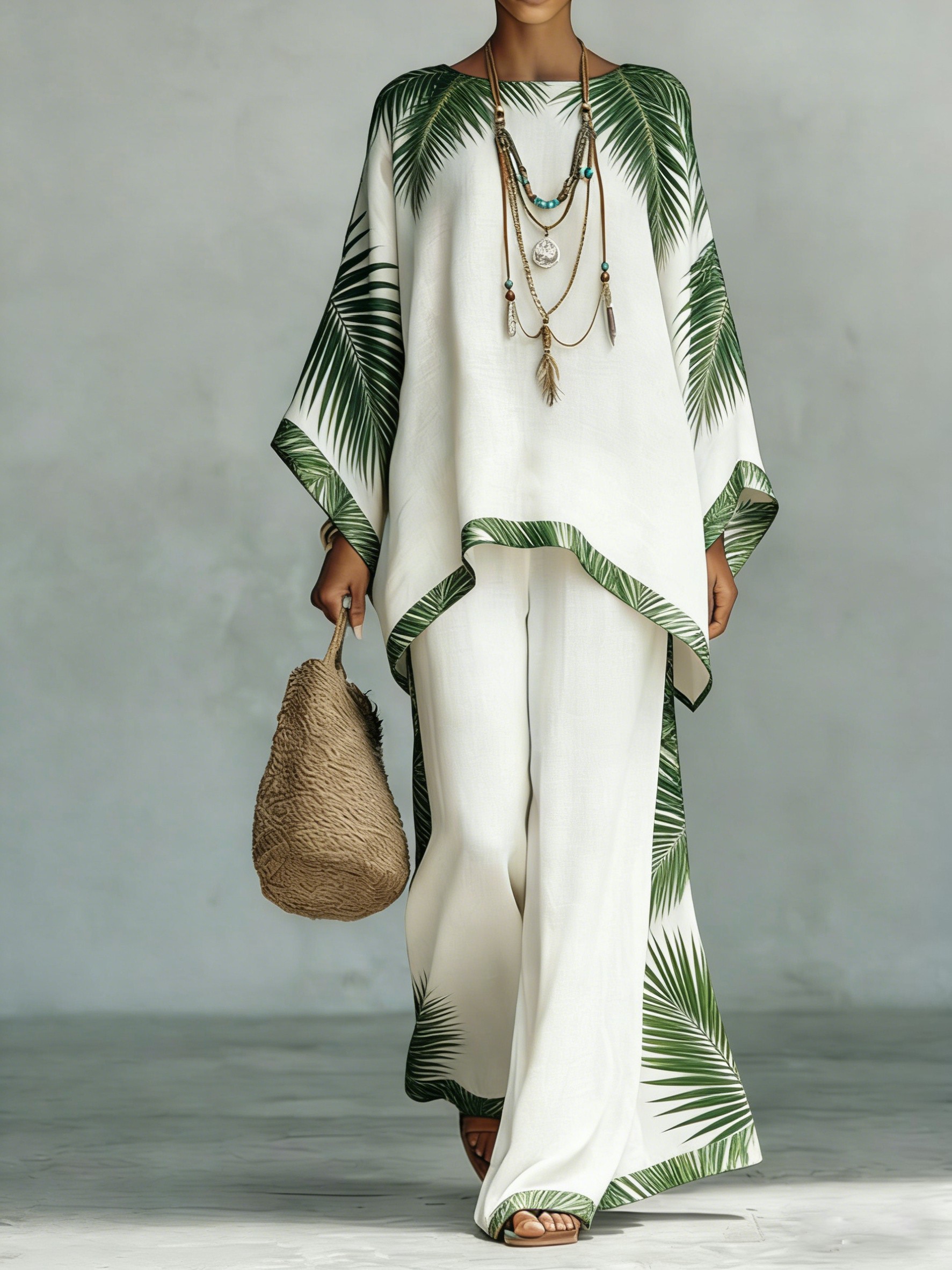 Comfortable & loose print pattern cotton & linen wide-leg pants two-piece set