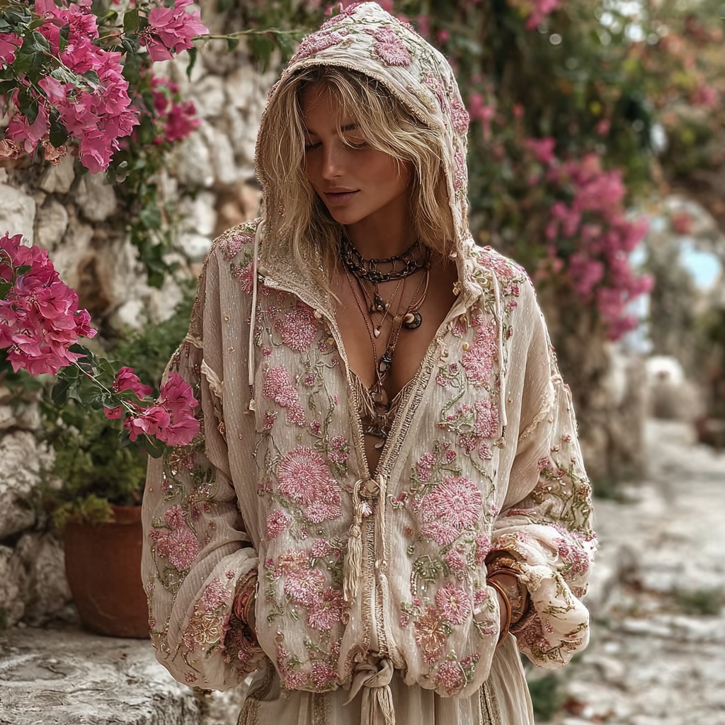 Bohemian Style Pink Rose Vintage Zip-up Cardigan Hoodie