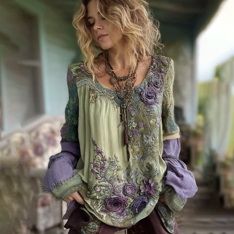 Vintage Purple Lavender And Floral Embroidered Long Sleeve Shirt