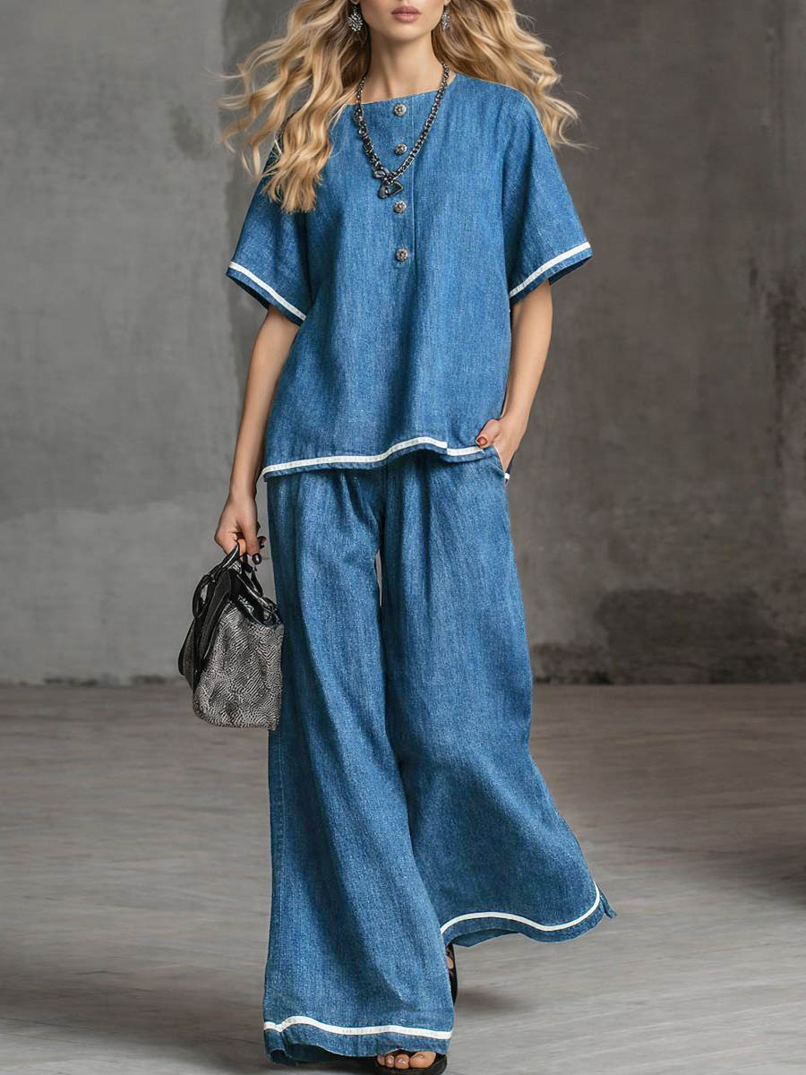 Round Neck Short-sleeved Casual Loose Denim Top & High-waisted Wide-leg Denim Pants Set