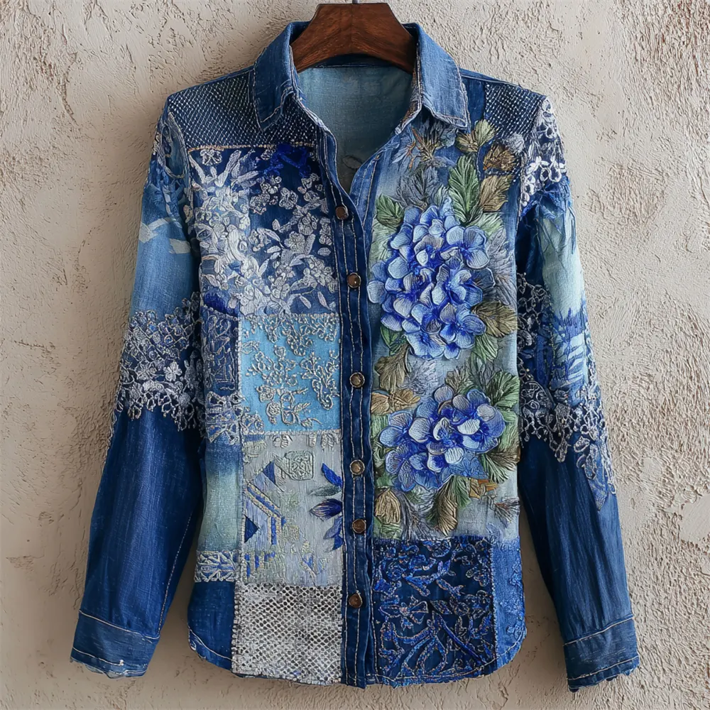 Boho Hydrangea Geometric Thread Embroidery Women's Vintage Linen Shirt
