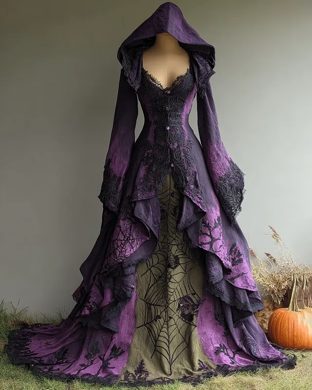 Bohemian style Irregular Gradient Spiderweb Embroidered Hooded Evening Dress 1db4