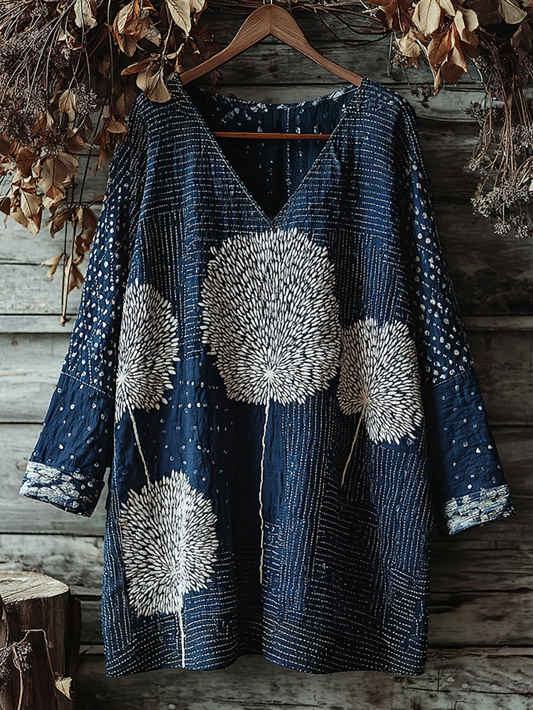 Vintage Japanese Traditional Sashiko With Lace Art Pattern Linen Blend Mini Dress