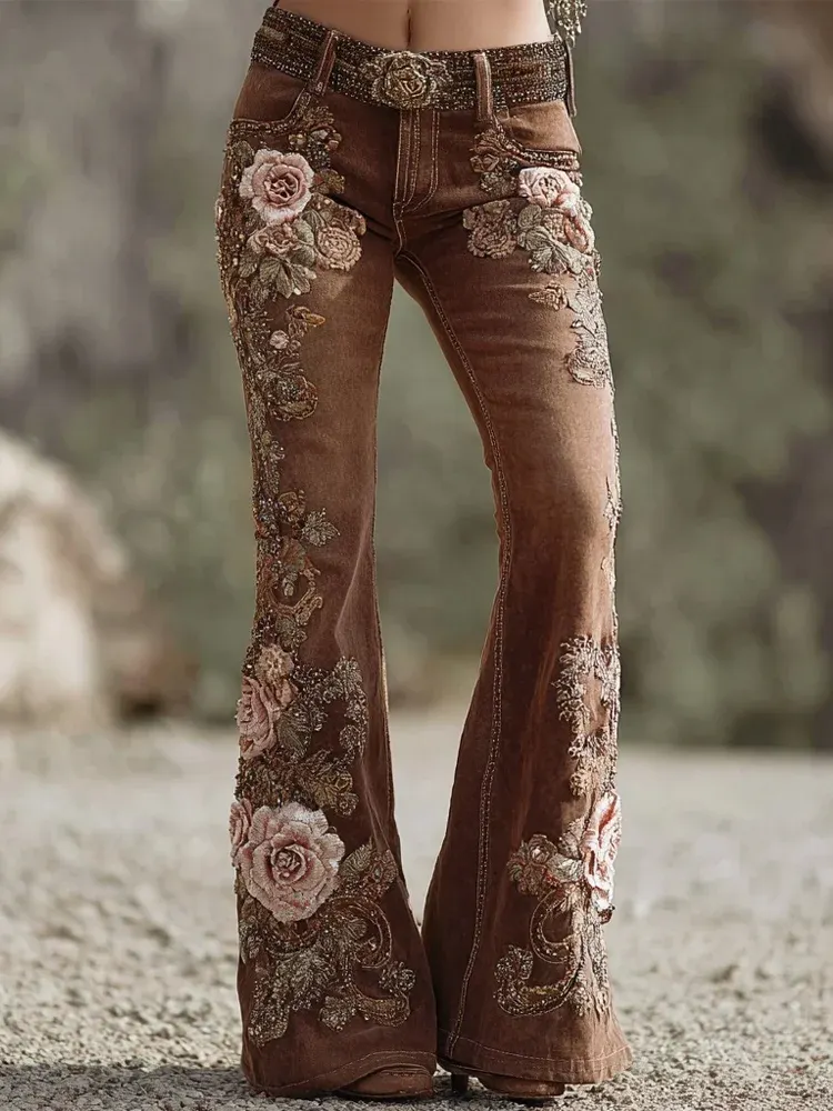 Retro Bohemian Floral Art Print Casual Pants