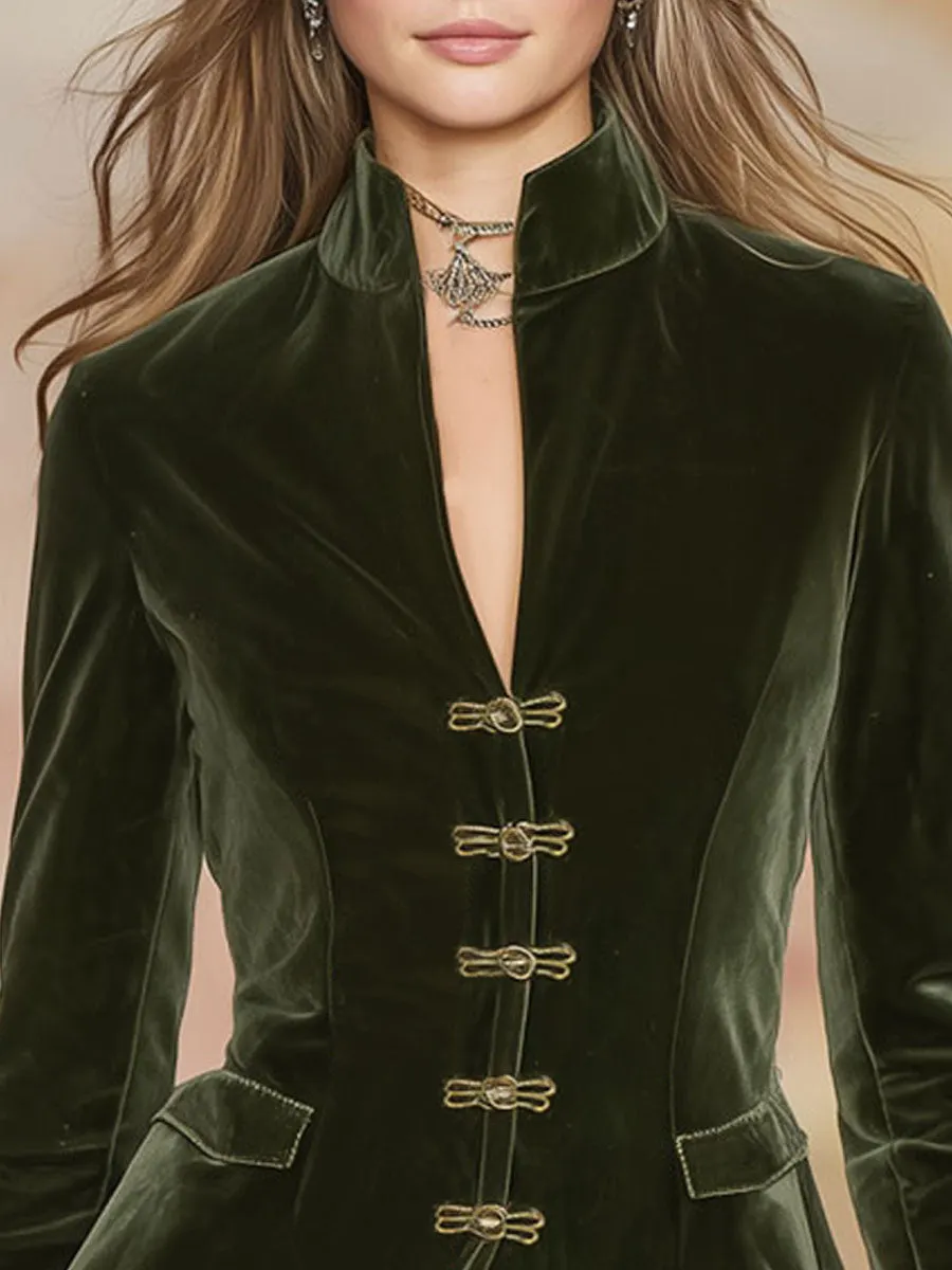 Elegant Retro Gold-buttoned Dark Green Velvet Blazer