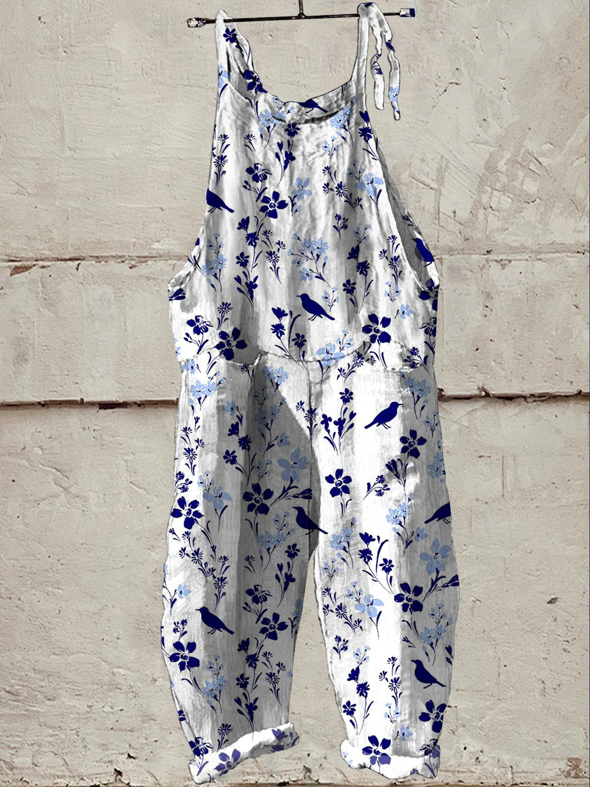 Birds In Floral Garden Pattern Printed Women's Casual Wide-Leg Jumpsuit