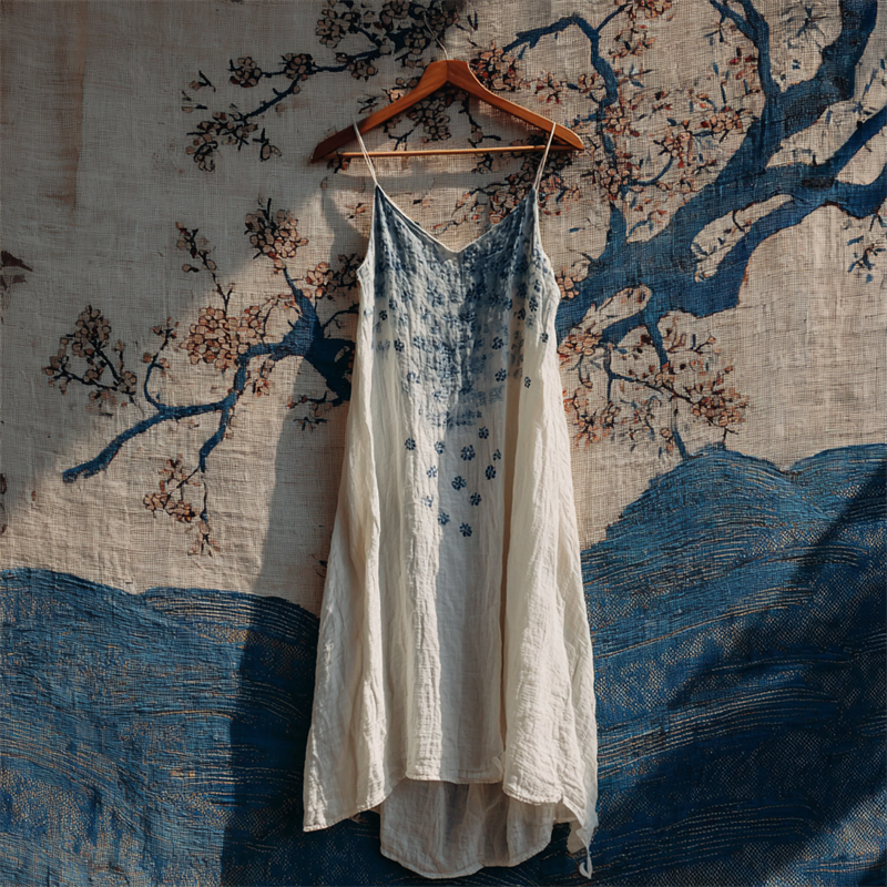 Japanese Sashiko Floral Cami Linen Dress