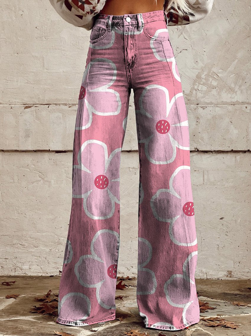Pink Cherry Blossom Floral Pattern Printed Casual Wide-Leg Pants