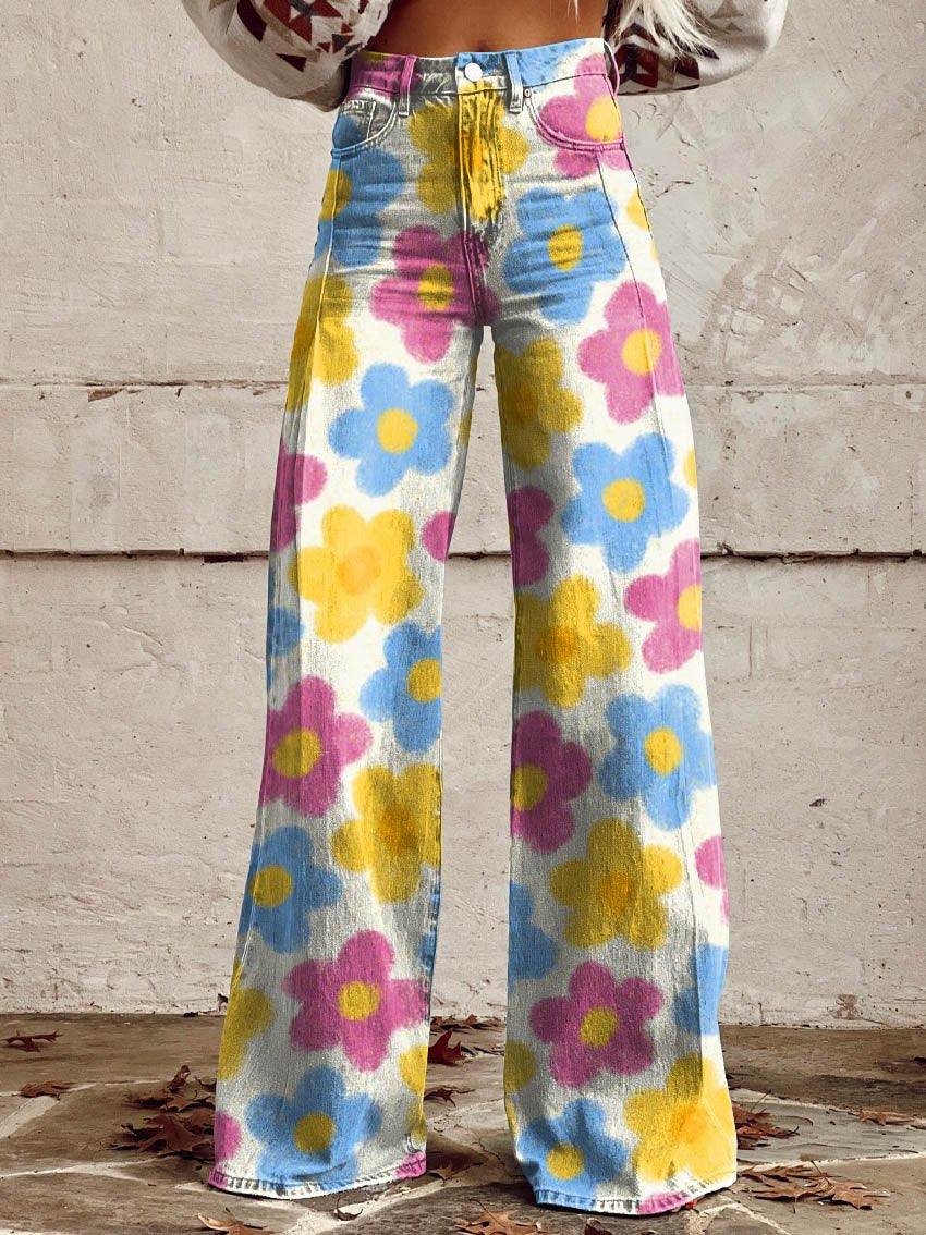 Chroma Daisy Print Casual Wide-Leg Pants