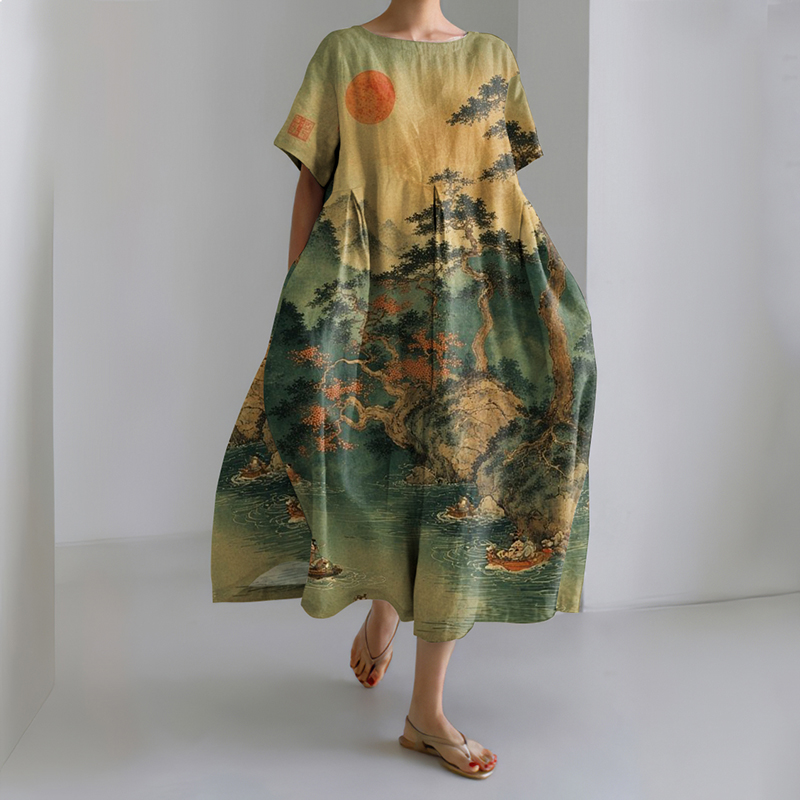 Japanese Art Print Short Sleeve Midi Dress