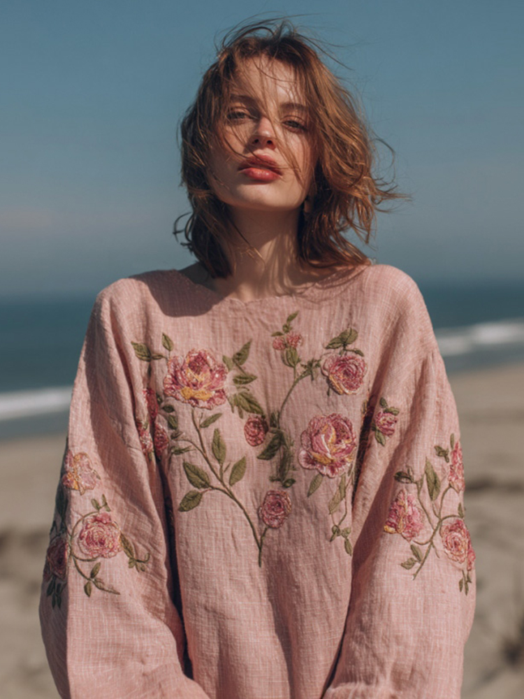 Women's Bohemian Rose Embroidered Round Neck Comfortable Top