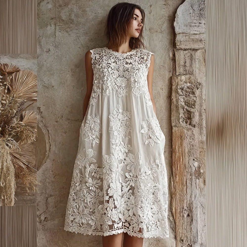 Vintage Floral Lace Embroidered Comfy Linen Midi Dress