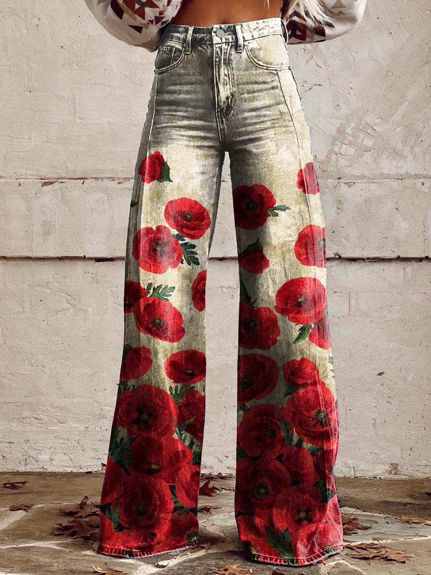 Poppy Print Casual Wide-Leg Pants