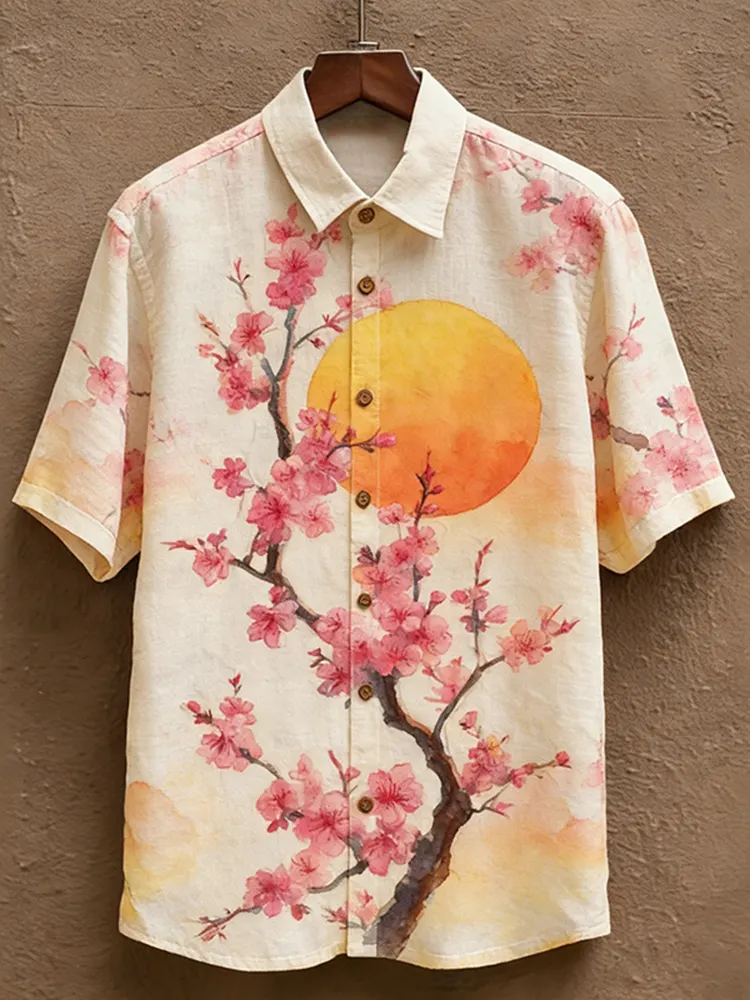 Men's Japanese-style Artistic Floral Print Short-sleeved Shirt