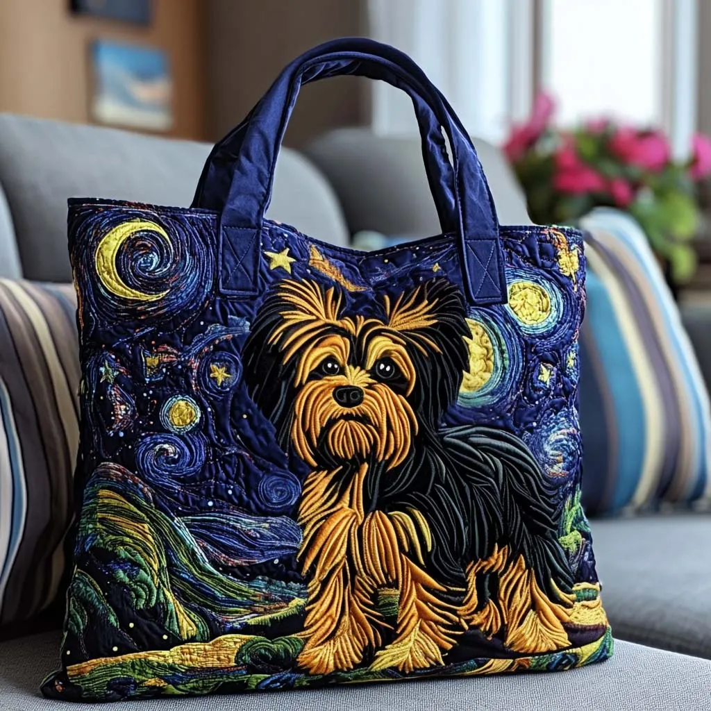 Starry Night Dog Quilted Tote Bag