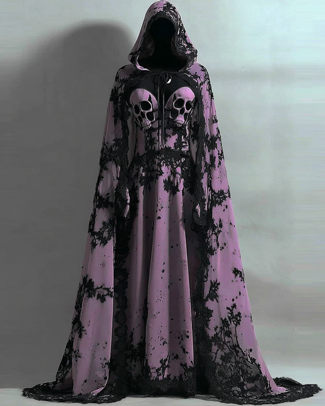 Bohemian style Tie-dye Skull Lace Embroidered Evening Dress 846f