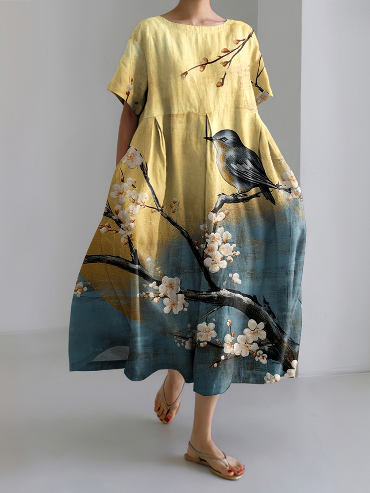Japanese Floral & Bird Art Print Midi Dress