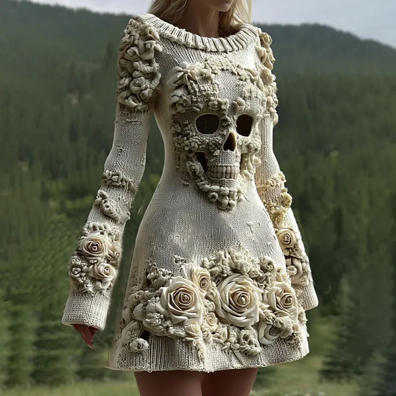 Women's Halloween Skull With Rose Art Cozy Knit Sweater Dress