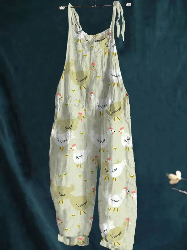 Vintage Lovely Chicken Art Print Casual Wide-Leg Jumpsuit